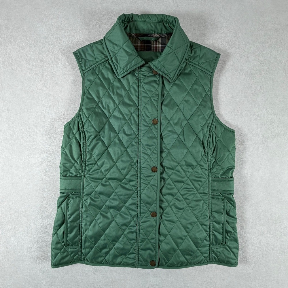LL Bean Womens Quilted Vest Green Plaid Lined Diamond Stitch Size XS
